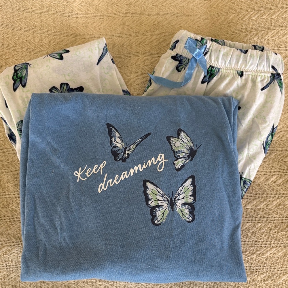 NWT 2X croft & barrow Blue Butterfly "Keep Dreaming" Pajama Set Capri w/ pockets